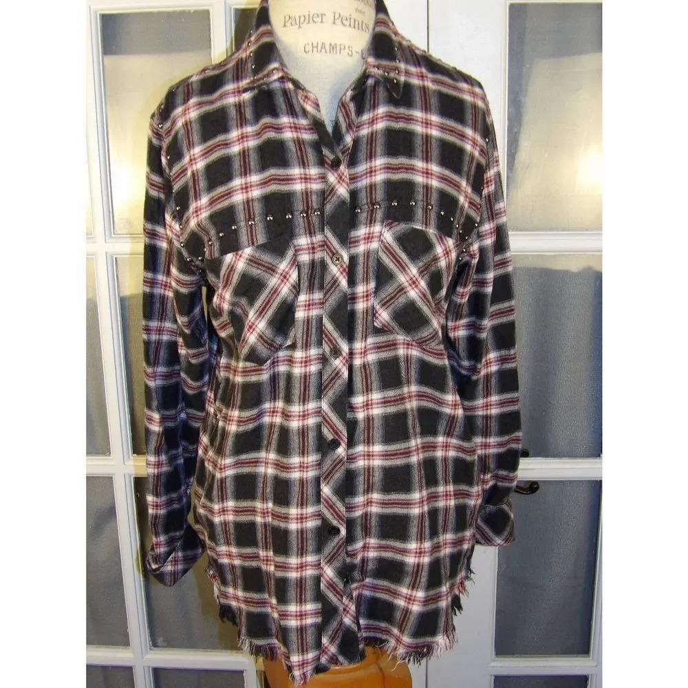 Rails Womens Rex Charcoal Berry Blush Studded Plaid Shirt Medium